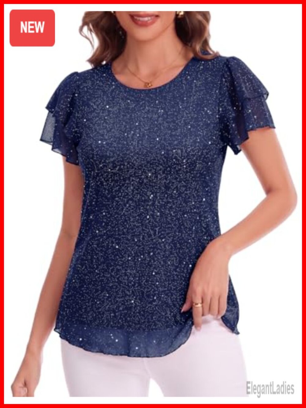 Sequin Ruffle Sleeve Blouse Party Wedding Cocktail Pull On